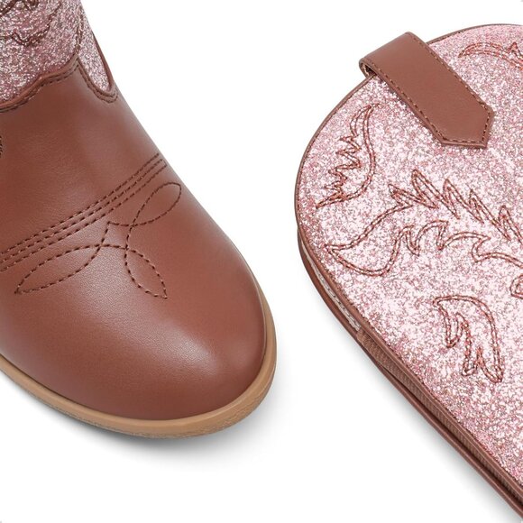 Kids Pink/Brown Cowgirl Boots Girls Cowboy Western Mid Calf Pull-On Riding Boots - Picture 5 of 6